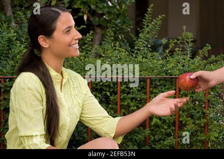 PersonÅ½s Hand, die einer Lehrerin einen Apfel gibt Stockfoto