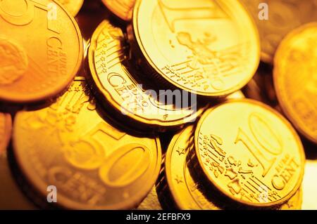 Verschiedene Euro-Münzen, Nahaufnahme Stockfoto