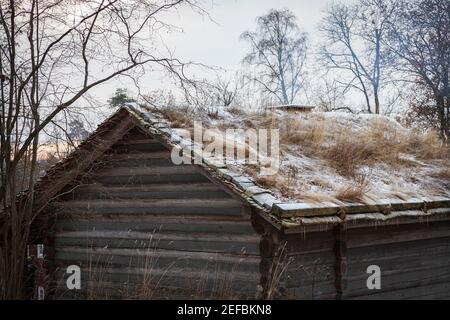 Traditionelles norwegischer Holzbau mit einem Tuffdach aus Birkenrinde. Stockfoto