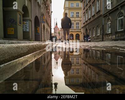 Poznan Polen Mai 12 2019 Mann zu Fuß zum Sonnenuntergang an Marktplatz und spiegelt sich in Pfütze Stockfoto