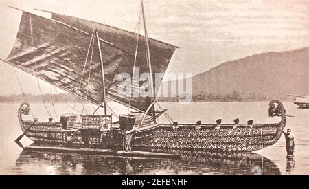 Langreise-Segelboot mit Outrigger in Hermit Inseln im späten 19th. Jahrhundert. Stockfoto