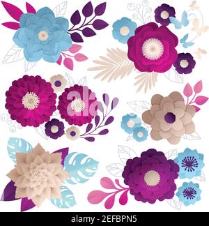 Papier Blumen Kompositionen in fuchsia magenta tief lila und gesetzt Blau beige auf weißem Hintergrund Vektorgrafik Stock Vektor