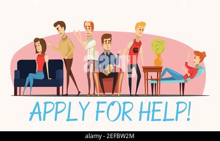 Bewerben Sie sich für Hilfe Psychologe Poster mit Spezialisten und Patienten Mit verschiedenen Problemen flache Vektordarstellung Stock Vektor