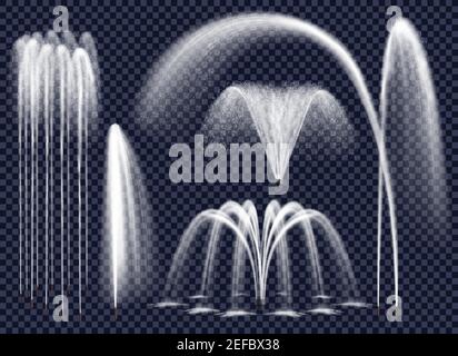 Set von realistischen Brunnen mit Wasserstrahlen in verschiedenen geometrischen Kombination auf transparentem Hintergrund isolierte Vektordarstellung Stock Vektor