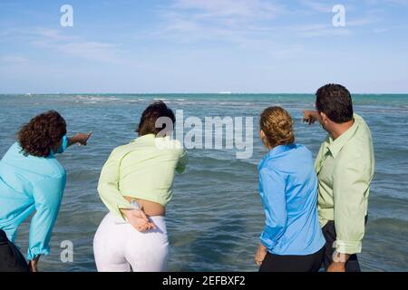 Rückansicht von zwei Paaren mittleren Erwachsenen, die auf Wellen zeigen Stockfoto