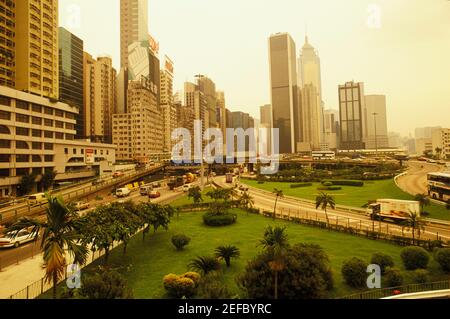 Hochwinkelansicht eines Gartens vor Wolkenkratzern, Hongkong, China Stockfoto