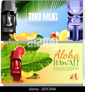 Hawaiian Partei horizontale Banner mit Tiki Tassen, Schriftzug Aloha, Früchte, Blumen und tropische Pflanzen isoliert Vektor-Illustration Stock Vektor