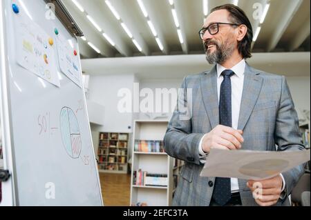 Fröhlicher Geschäftsmann in Brillen arbeitet an Finanzbericht, Papierkram zu tun. Selbstbewusster Büroangestellter sieht sich das Flipchart mit Grafiken und Diagrammen an, um den Unternehmensgewinn zu lernen Stockfoto
