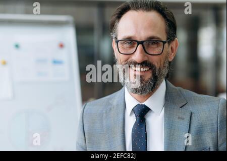 Nahaufnahme eines reifen bärtigen Geschäftsmannes in stilvollem Anzug und Brille, der mit freundlichem Lächeln auf die Kamera blickt und im Büro steht Stockfoto