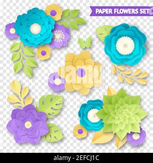 Papierblumen ornamentale Kompositionen in gelbgrün aquamarinviolett gesetzt Auf transparentem Hintergrund Handwerk Vektor Illustration Stock Vektor
