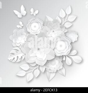 Elegante weiße Papier geschnitten Blumen 3D Braut Anordnung mit monstera Blatt und Schmetterling Handwerk realistische Vektor-Illustration Stock Vektor