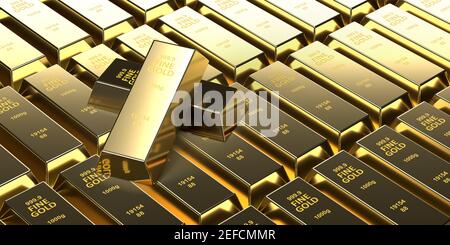 Investment, Banking und Business-Konzept: 3D Rendering Gold Bars auf Backsteinwand Hintergrund. Zwei Blöcke auf vielen glänzenden Barren. Schatzblöcke für Reichtum Stockfoto