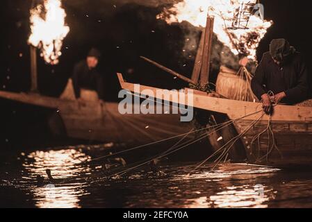 pelikan Fischerei genannt Ukai in Gifu, Japan ist ein Ereignis mehr Als 1300 years.Fished Fisch wurden an japanischen Kaiser geweiht.Dieses Ereignis Ab Mai Stockfoto