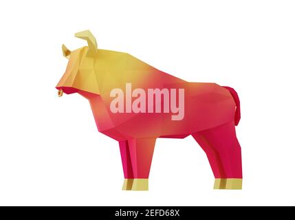 Low Poly Gradient Yellow Red Bull, ein Symbol des neuen Jahres 2021, 3D Render Stockfoto