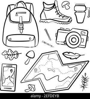 Set von Doodle Wald Camping Design-Elemente. Handgezeichnete Wander- und Camping-Doodles perfekt für Sommercamp Flyer und Poster Stock Vektor