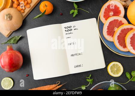 Nahaufnahme der Notebook, Früchte und Gemüse Stockfoto