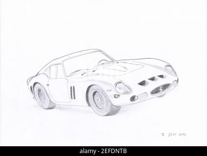 ferrari 250 gto, Oldtimer-Rennwagen, Manula Zeichnung, Bleistift Stockfoto
