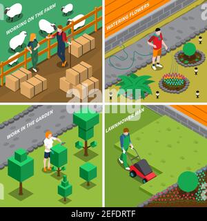 Arbeiten auf Bauernhof 2x2 Design-Konzept mit Menschen fürsorglich haustiere Bewässerung Blumen Mähen Gras Schneiden Büsche isometrische Vektor-Illustration Stock Vektor