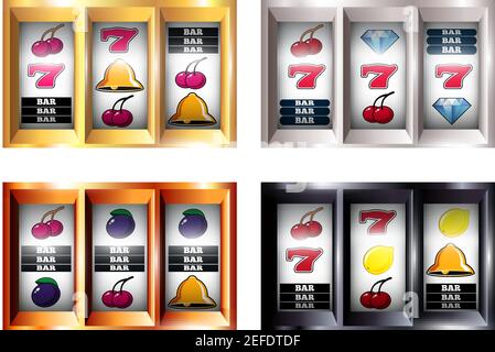 Satz von Kombinationen auf Spielautomat mit Hauptgewinn, Stab, Früchte, Glocke auf Spiellinie isolierte Vektor-Abbildung Stock Vektor