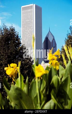 Low-Winkel-Ansicht eines Gebäudes in einer Stadt, zwei Prudential Plaza, Aon Center, Chicago, Illinois, USA Stockfoto