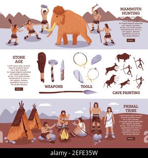 Primal Stamm Menschen horizontale Banner mit Jagdwerkzeugen und gesetzt Familiensymbole flache isolierte Vektordarstellung Stock Vektor