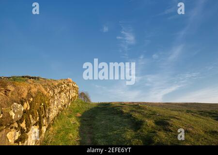 Hadrian's Wall läuft nach Norden, bergauf, in Peel Gap, Northumberland, Großbritannien Stockfoto