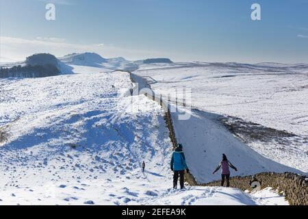 Blick nach Westen in Richtung Housesteads Roman Fort von Clew Hill, Hadrian's Wall, Northumberland, Großbritannien Stockfoto