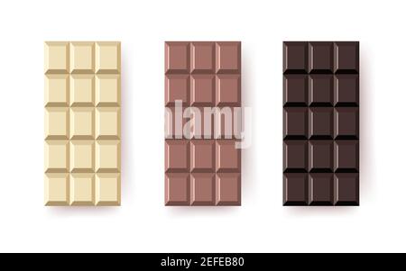 Verschiedene Schokoladenriegel-Symbole. Weiß, Milch und Bitterschokolade. Flache Dessert und süß. Vektorgrafik im Cartoon-Stil. Stock Vektor