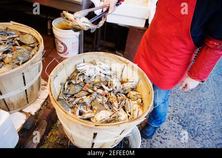Niedrige Ansicht einer Person, die neben einem Korb steht Voller Krabben Stockfoto