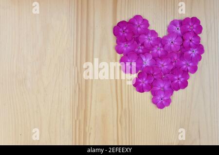 Konzept eines Herz-Symbol von rosa Blumen auf gemacht Holzhintergrund mit Kopierraum Stockfoto