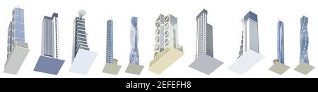 10 Ansicht von unten hochdetaillierte Darstellungen von fiktionalen Design-Hightech-Gebäuden mit wolkigen Himmelsreflexen - isoliert, 3D Illustration eines Wolkenkratzers Stockfoto