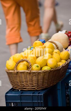 Nahaufnahme von Zitronen in einem Korbkorb an einem Marktstand, Italienische Riviera, Nationalpark Cinque Terre, Vernazza, La Spezia, Ligurien, Italien Stockfoto