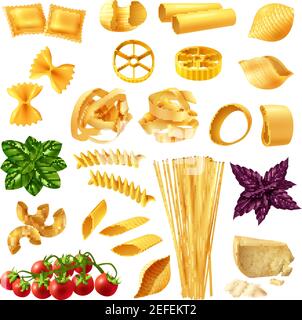 Realistische Satz von Nudeln einschließlich Penne, Fusilli, Tagliatelle, Farfalle, Spaghetti, Käse, Tomaten und Basilikum isoliert Vektor-Illustration Stock Vektor