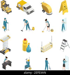 Professionelle Reinigung isometrische Symbole mit Personal in Uniform, Waschmittel und Maschinenausrüstung einschließlich Transport isoliert Vektor-Illustration Stock Vektor