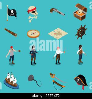 Piraten isometrische Symbole mit Handhaken Fernglas Waffe Karte Flagge Stamm Holzrad isoliert auf blauem Hintergrund Vektor-Illustration Stock Vektor