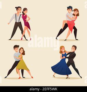 Tanzpaare 4 Retro-Cartoon-Ikonen mit Walzer Tango gesetzt Und Salsa Stile bewegt isolierte Vektor-Illustration Stock Vektor