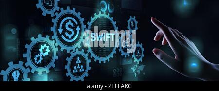 SWIFT international payment system Financial Technology Banking und Überweisung Konzept auf virtuellen Bildschirm Stockfoto