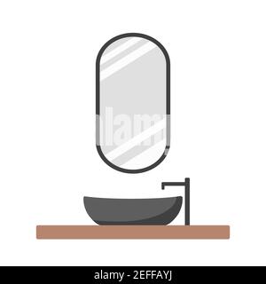 Moderne Badezimmereinrichtung im skandinavischen Stil. Gemütliches, modernes weißes Zimmer mit Spiegel mit schwarzem Rahmen und dunklem Waschbecken. Vektorgrafik in flacher Form Stock Vektor