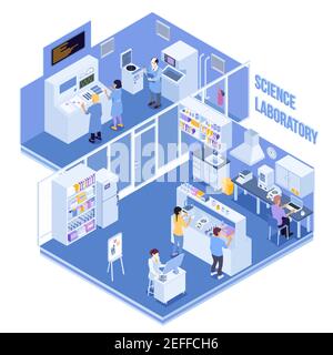 Wissenschaft Labor mit professionellen Geräten und Menschen, die körperliche und Chemische Forschung und Experimente isometrische Vektor-Illustration Stock Vektor