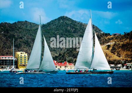 Zwei Segelboote werden bei der Heiniken Regatta auf der niederländischen Seite der Insel St. Maarten in der Karibik gesehen Stockfoto