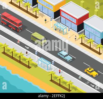 Transport konzeptionelle Zusammensetzung der Resort Stadt Strand Landschaft und Straße Mit Bushaltestellen und verschiedenen Fahrzeugen Vektordarstellung Stock Vektor