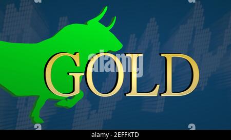 Der Preis für das Rohstoffgold ist bullisch. Der grüne Bulle und ein aufsteigender Chart mit blauem Hintergrund hinter der goldenen Überschrift symbolisiert einen... Stockfoto