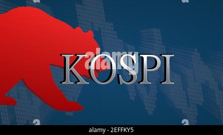 Der Korea Composite Stock Price Index oder KOSPI ist bärisch. Der rote Bär und eine absteigende Grafik mit blauem Hintergrund hinter der silbernen Überschrift... Stockfoto