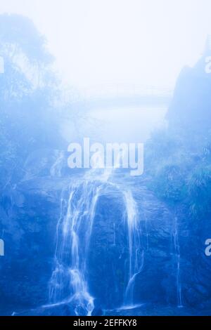 Mystische Holzbrücke über einen Wasserfall in blauem Nebel. Sapa, Vietnam, Blick von unten auf die Brücke. Stockfoto