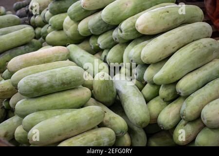 Frisches, grünes, tropisches Obst, Gemüse, das wie Zucchini aussieht und Squash auf einem lokalen Straßenmarkt in Yangon, Myanmar Stockfoto