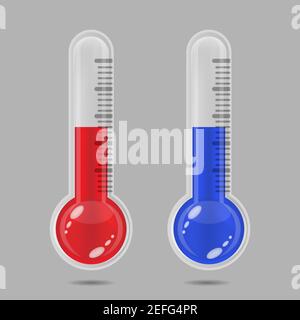 Blaue und rote Thermometer. Meteorologische Thermometer messen Wärme und Kälte. Gerätethermometer zeigt heißes oder kaltes Wetter an. Vektorgrafik Stock Vektor