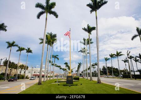 Low Angle Ansicht einer amerikanischen Flagge mit Palmen, Royal Poinciana Way, Palm Beach, Florida, USA Stockfoto