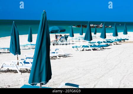 Liegestühle und Sonnenschirme am Strand, Fort Zachary Taylor State Park, Key West, Florida, USA Stockfoto