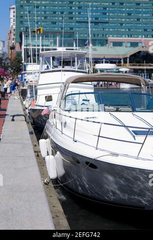 Motorboote liegen an einem Hafen, Inner Harbor, Baltimore, Maryland, USA Stockfoto