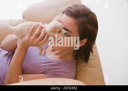 Erhöhte Ansicht einer jungen Frau mit ihrem Hund spielen und liegen auf einer couch Stockfoto